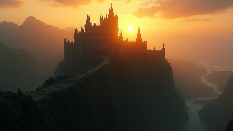 Concept art d'un château médiéval fantastique au lever du soleil