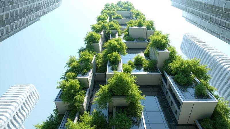 Modèle 3D détaillé d'un gratte-ciel futuriste et écologique