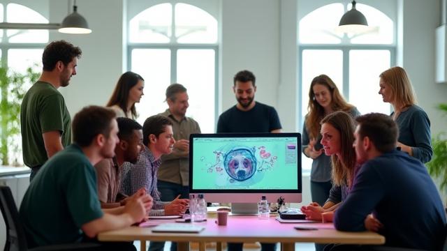 Groupe d'artistes numériques travaillant ensemble sur un projet dans un studio moderne