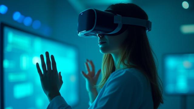 Personne portant un casque de réalité virtuelle, interagissant avec un monde numérique lumineux